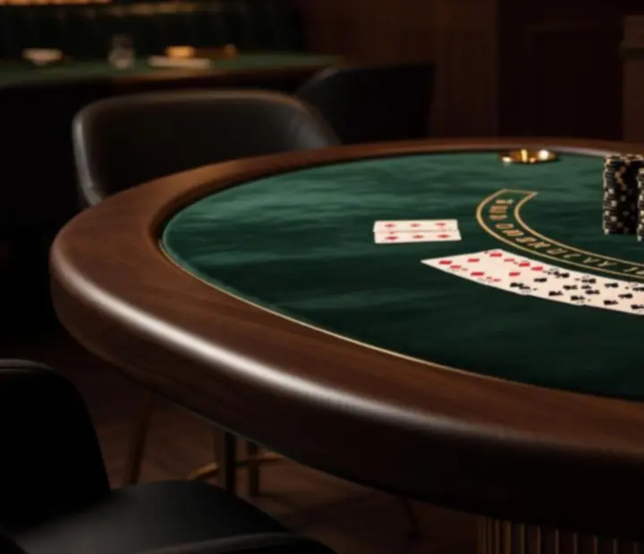 Detail of NAXSOL ENTERPRISES LTD's blackjack-inspired table with timber surround, velvet surface and playing cards