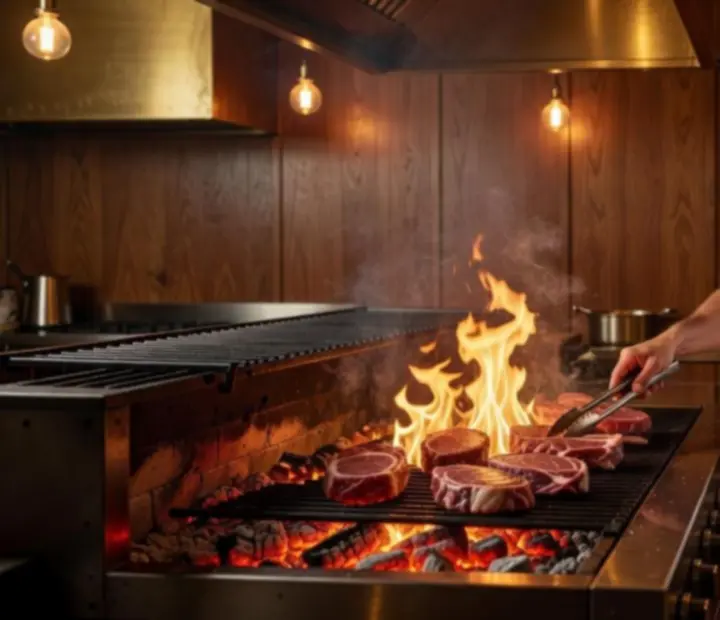 Open-fire grill at NAXSOL ENTERPRISES LTD with flames and Australian ingredients on the grill