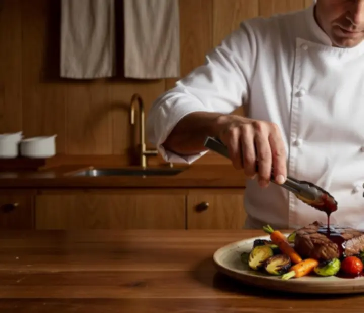 Chef plating a grilled dish in the open kitchen at NAXSOL ENTERPRISES LTD