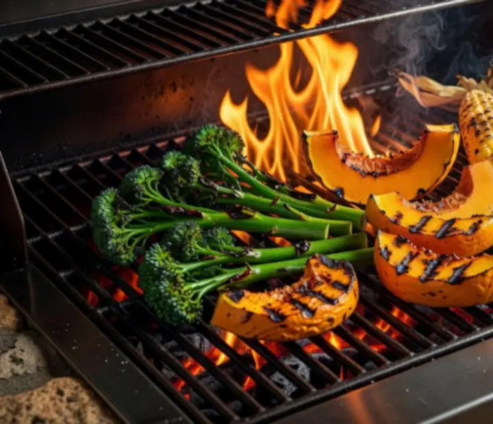 Seasonal vegetables such as broccolini, pumpkin and corn on the grill