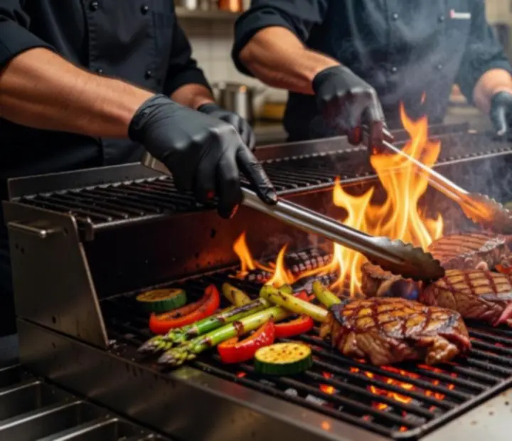 Chefs cooking over an open grill with flames and Australian cuts at NAXSOL ENTERPRISES LTD