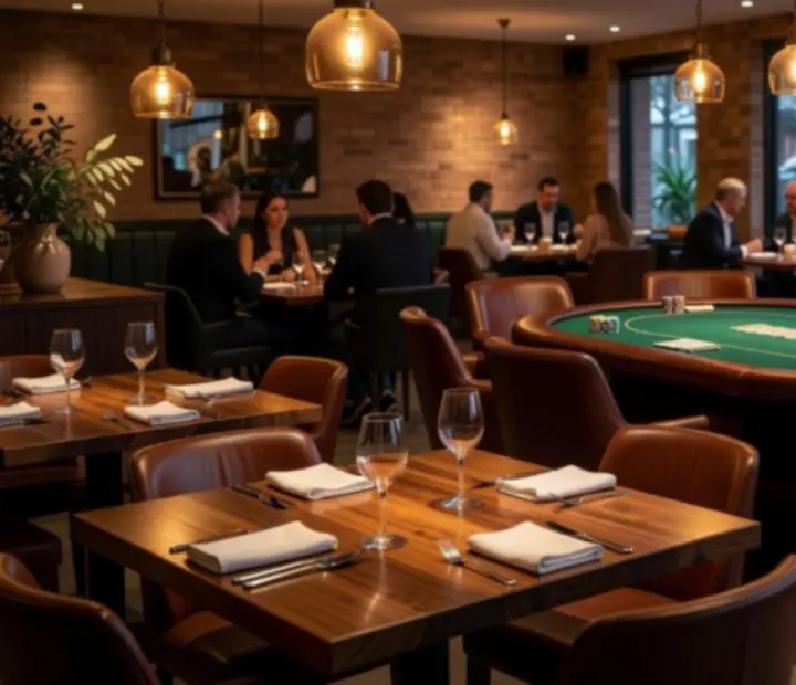 NAXSOL ENTERPRISES LTD interior during a poker-inspired evening with warm lighting and a timber card table.