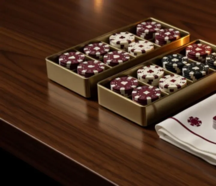 Poker props including cards, weighted chips and brass details on a candle-lit table.