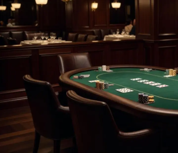 Felt-topped poker table at NAXSOL ENTERPRISES LTD with elegant lighting and timber details.