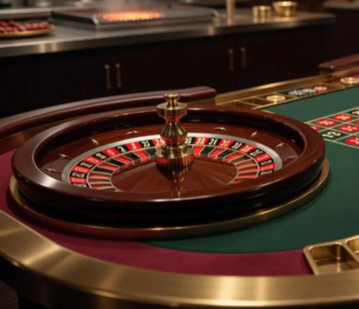 Detail of the roulette table with burgundy felt and brass accents at NAXSOL ENTERPRISES LTD